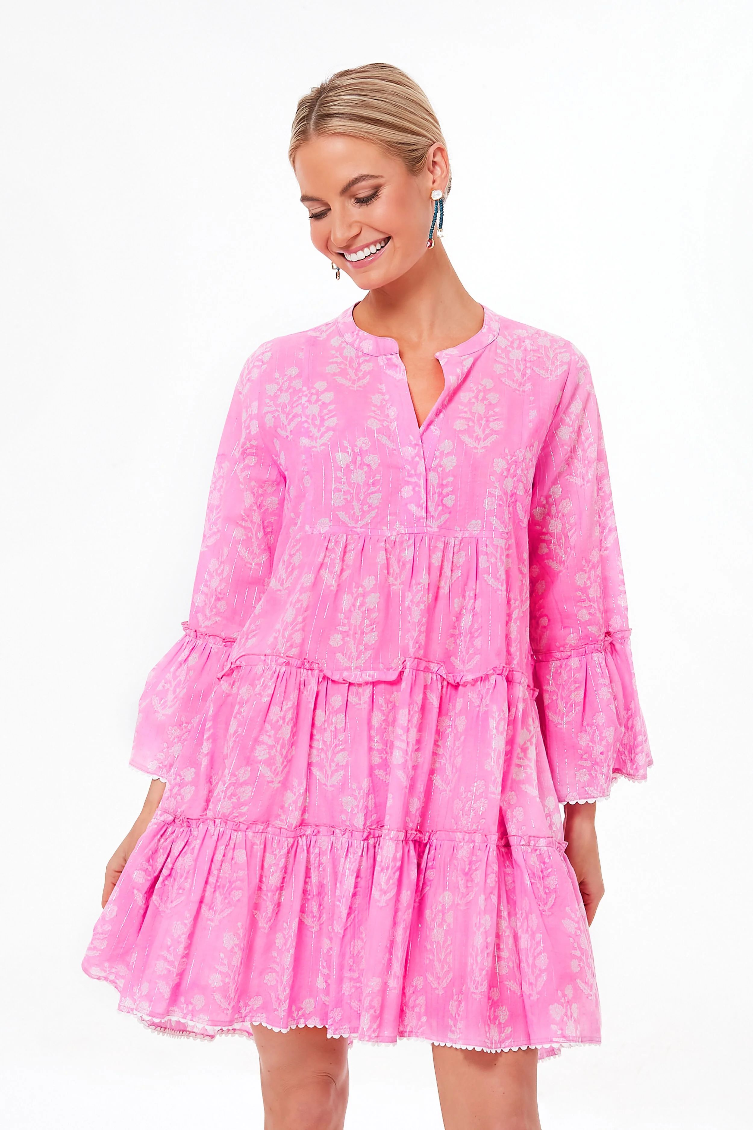 Exclusive Orchid Small Flower Lurex Flared Sleeve Dress | Tuckernuck (US)