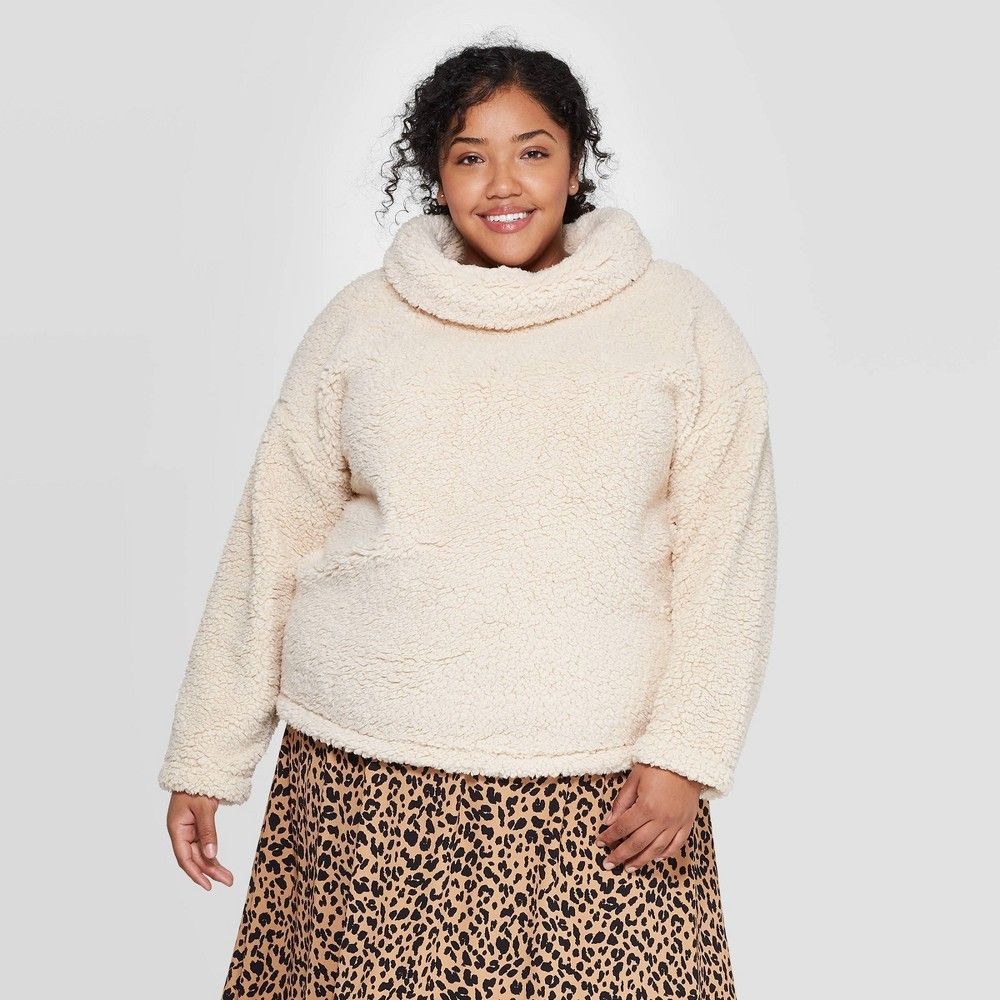 Women's Plus Size Turtleneck Sherpa Pullover Sweater - A New Day Cream 2X, Ivory | Target