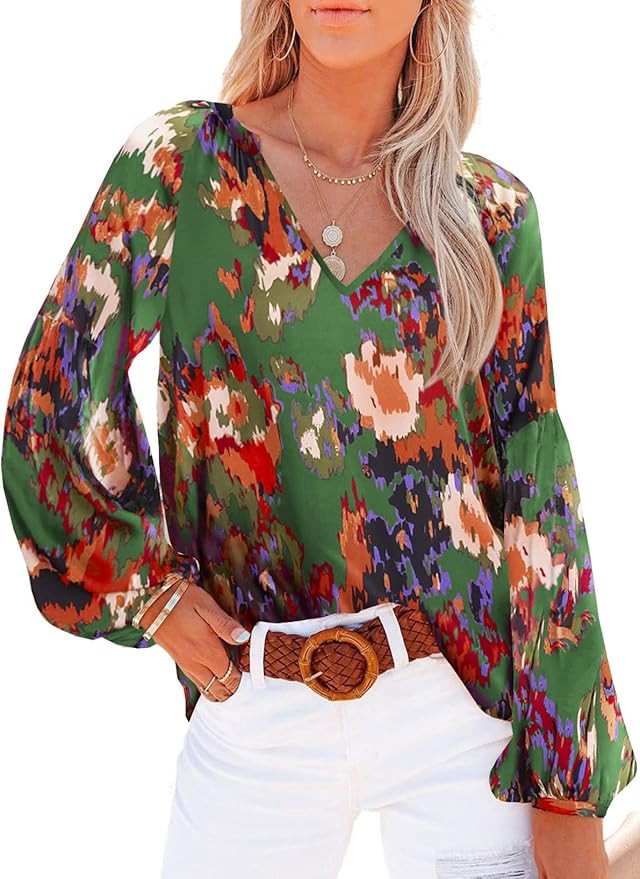 SHEWIN Women's Casual Boho Floral Print V Neck Long Sleeve Loose Blouses Shirts Tops | Amazon (US)