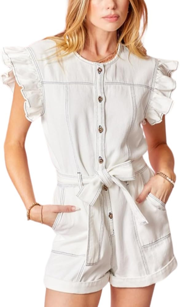 Women's Ruffle Sleeve Button Down Belted Denim Rompers Crew Neck Short Jean Jumpsuits With Pocket... | Amazon (US)