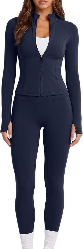 SUUKSESS Women Workout Sets BBL Full Zip Up Jacket High Waist Gym Leggings | Amazon (US)
