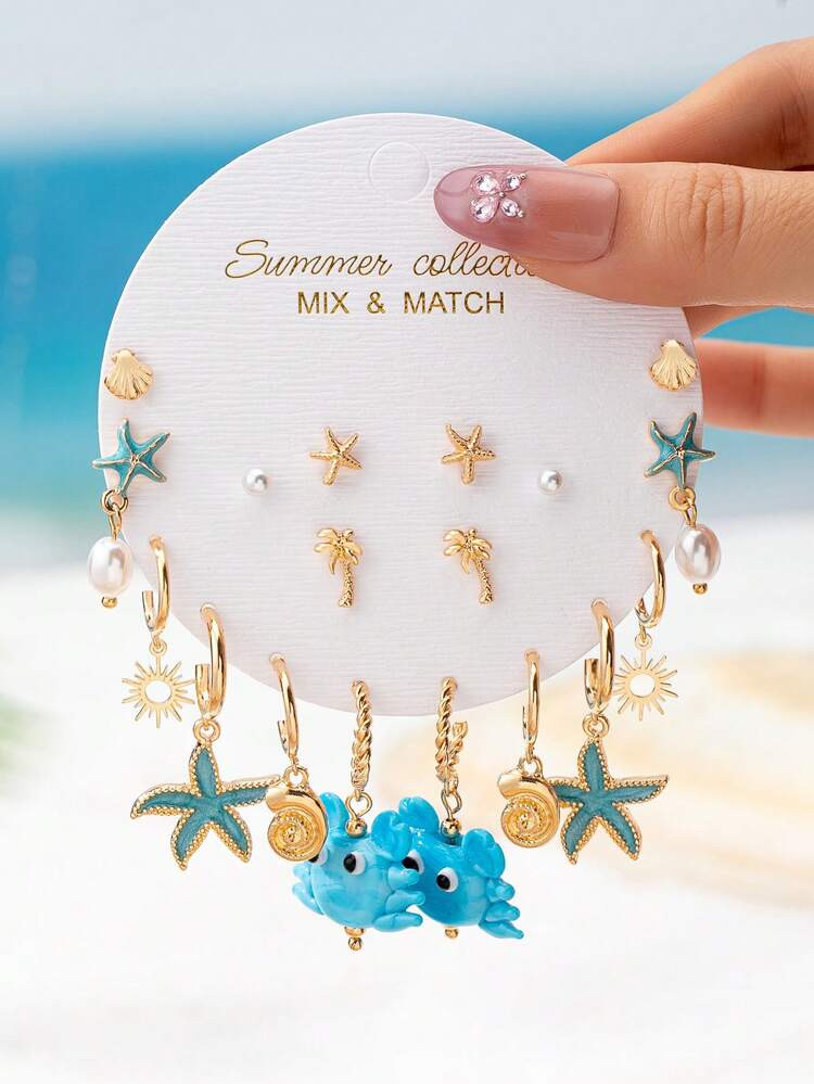 18 Pcs Ocean Sealife Starfish Dangle Earrings Set For Women - Gold Color Minimalist Huggie Hoop E... | SHEIN