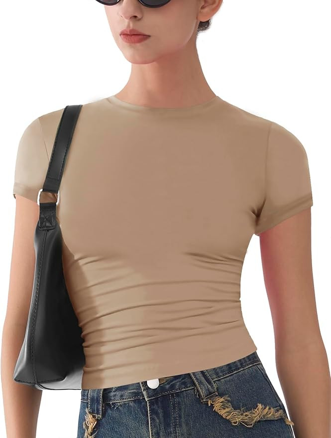 Womens Basic Short Sleeve Slim Fit T Shirts Soft Crewneck Crop Y2k Tees Summer Stretchy Cute Tops | Amazon (US)