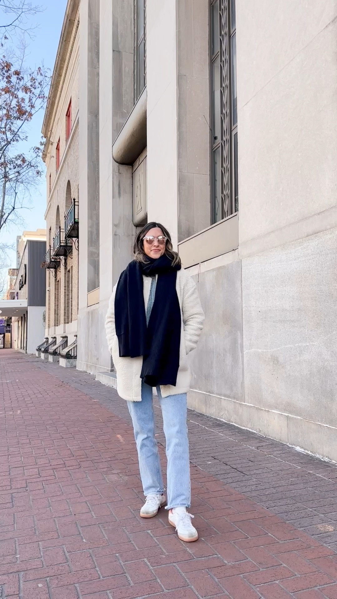 Bundled up on this chilly morning! Sherpa jacket, cashmere scarf, thick sweater, Abercrombie jeans. Tall socks and Samba sneakers! 

#LTKfindsunder100 #LTKVideo #LTKshoecrush