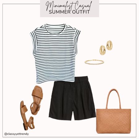 Minimalist casual summer outfit

Striped tee
Black shorts
Sandals
woven leather tote
