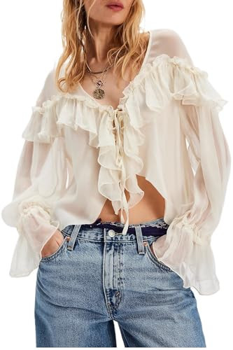 Sexy White Ruffle Shirt Flowy Lace Long Sleeve Front Tie Chiffon Top Boho Embroidered Peasant Blouse Summer Bow Tie Front Peplum Tops for Women | Amazon (US)