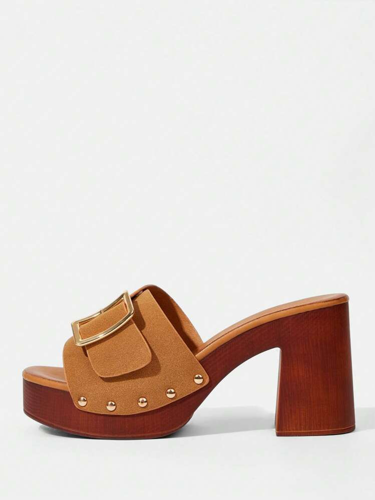 Rosivie Brown PU Leather Simple Square Toe Chunky Mid Heel Elegant Casual Comfortable Slip-On Hig... | SHEIN