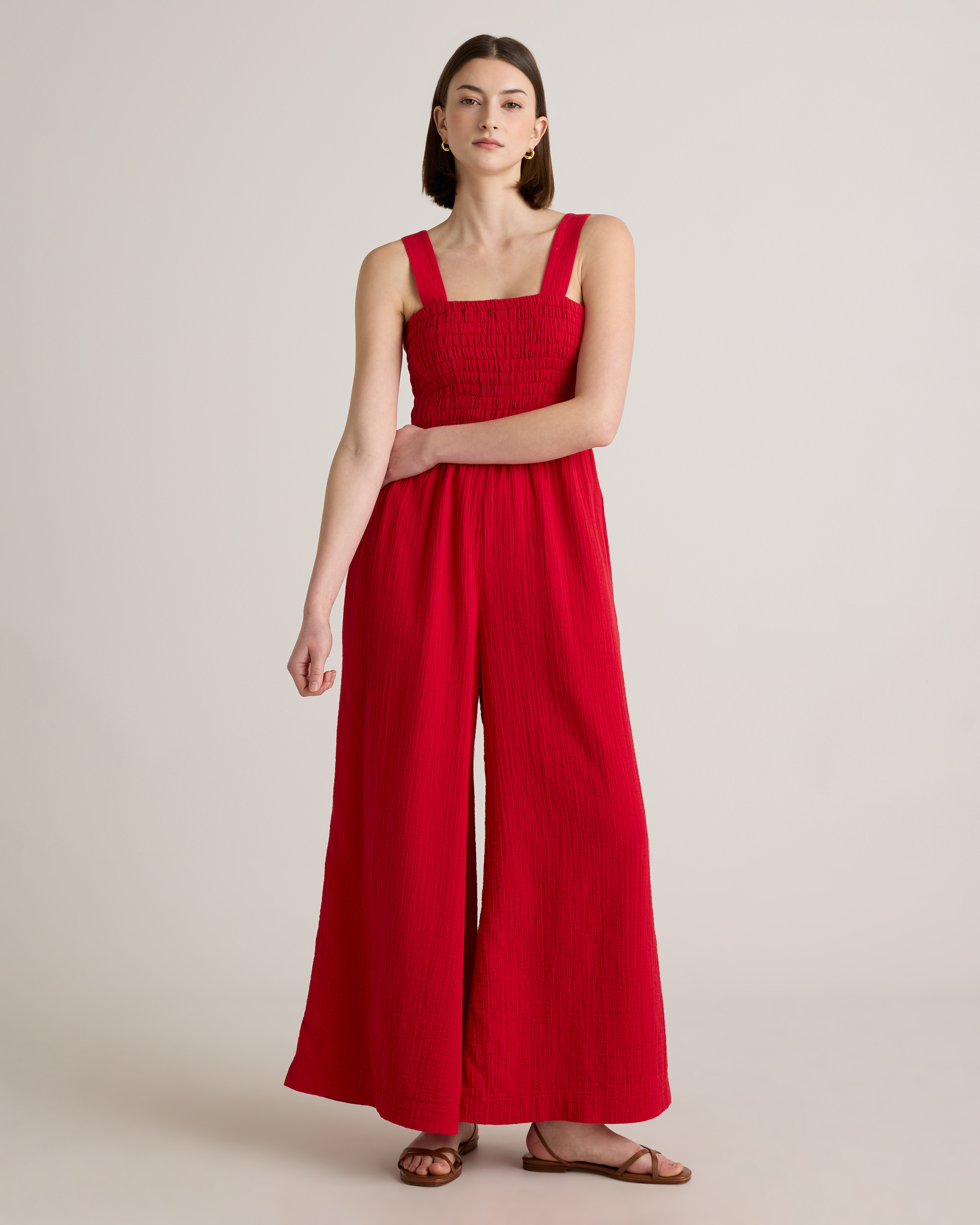 Quince | Women's Gauze Smocked Wide Leg Jumpsuit in Wild Cherry, Size Small, Organic Cotton | Quince