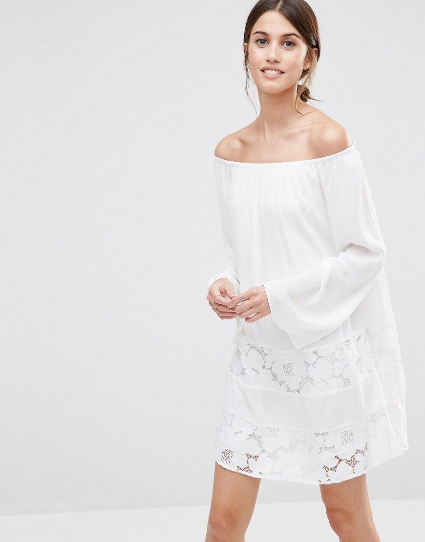 BCBG Generation Off Shoulder Lace Insert Smock Dress | Asos DE