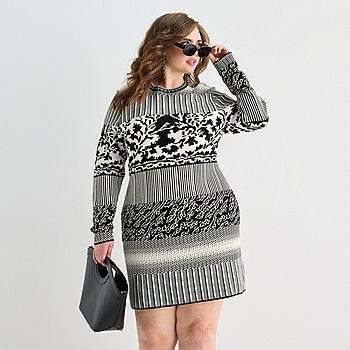 Ashley Graham Womens Plus Long Sleeve Jacquard Bodycon Dress | JCPenney