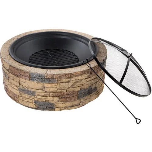 Sun Joe SJFP35-STN 35-In. Cast Stone Base, Wood Burning Fire Pit w/Dome Screen and Poker, Natural... | Walmart (US)