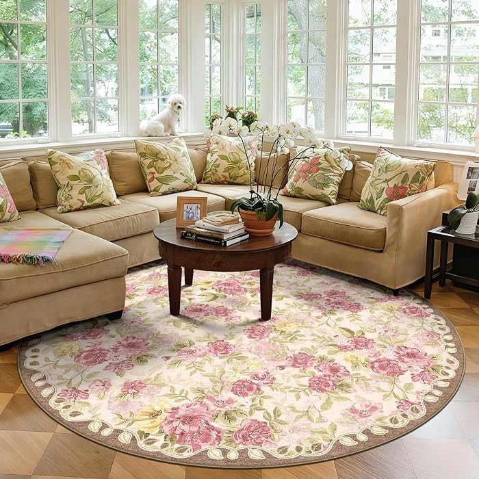 6ft Round Machine Washable Area Rug for Living Room, Pink Vintage Boho Floral Rug Large Non-Slip ... | Amazon (US)