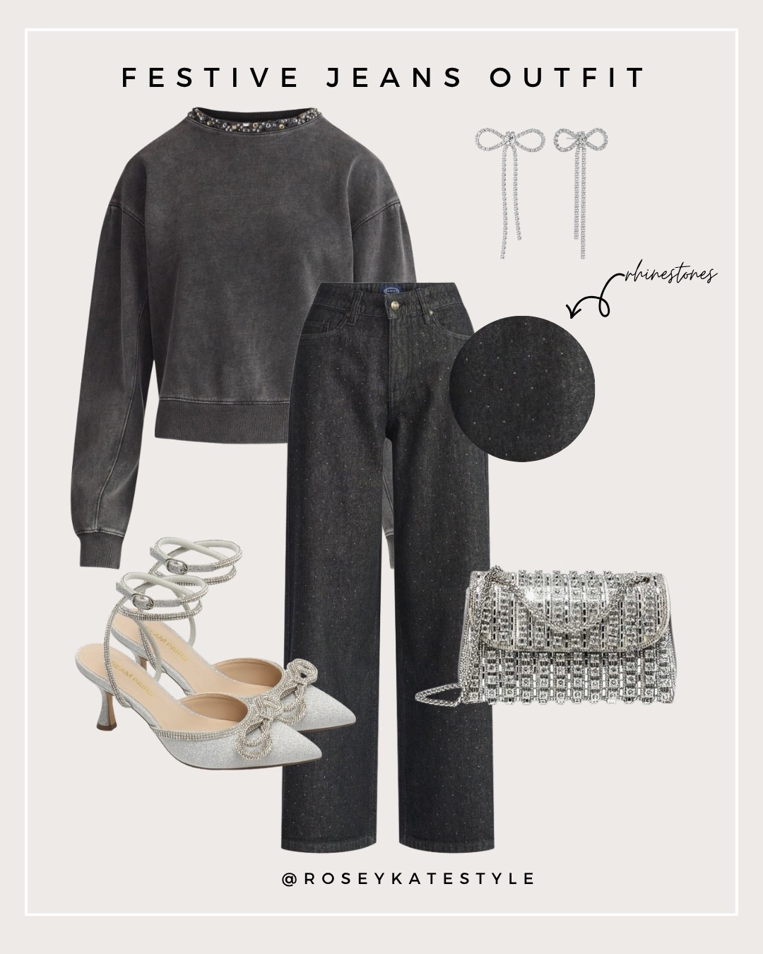 Festive jeans outfit and everything is under $30!! These rhinestone jeans are so fun (also comes in blue) - love it styled with an embellished sweatshirt and sparkly accessories for a casual festive outfit!

#LTKFindsUnder50 #LTKPetite #LTKHoliday