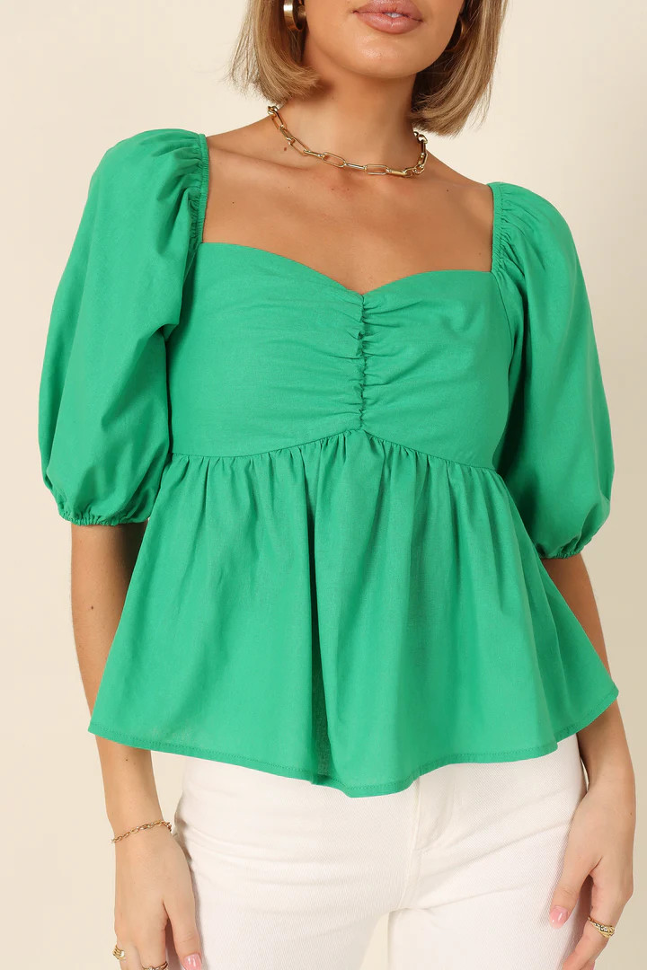 Joanna Puff Sleeve Peplum Top - Green | Petal & Pup (US)