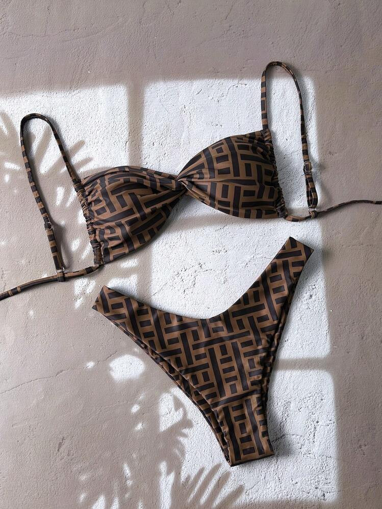 Swim Chiccia Springbreak Women's Random Print Tie-Knot Spaghetti Strap High Cut Sexy Bikini Set F... | SHEIN