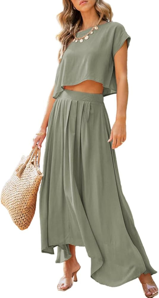 Dokotoo Dresses for Women 2 Piece Summer Outfits Crewneck Tops and Maxi Skirt Dress Sets | Amazon (US)