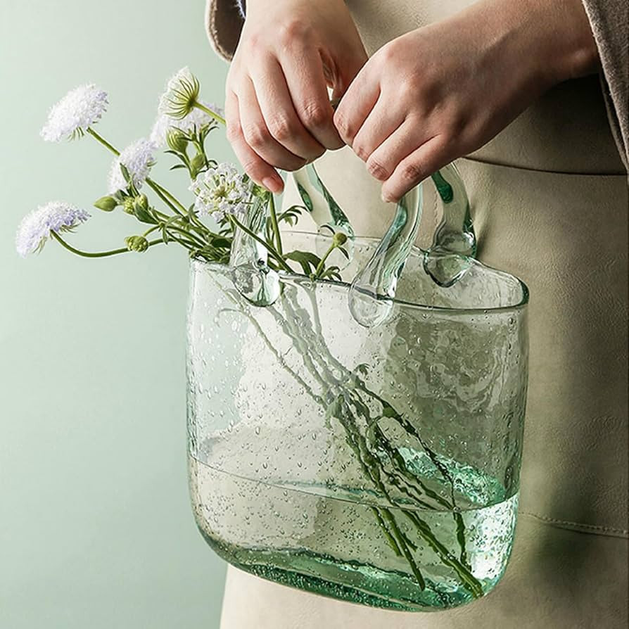 Haetingcare Hand Blown Glass Vase with Unique Design, Clear Glass Vase with Handles in Purse Shap... | Amazon (US)