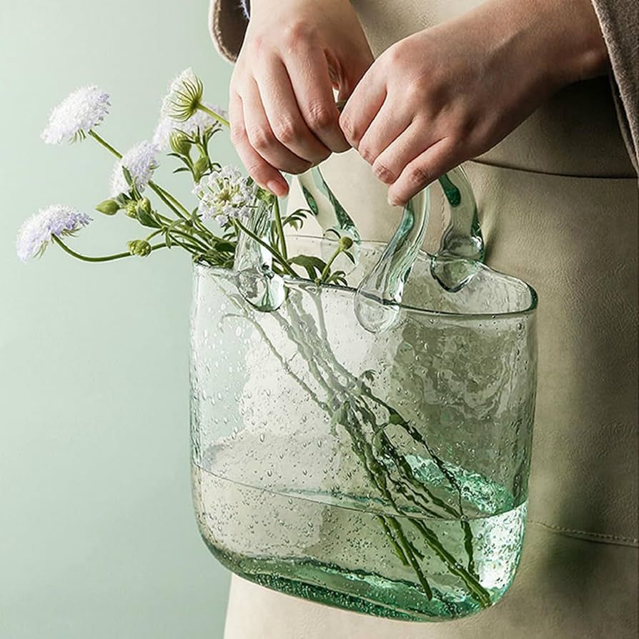 Haetingcare Hand Blown Glass Vase with Unique Design, Clear Glass Vase with Handles in Purse Shap... | Amazon (US)