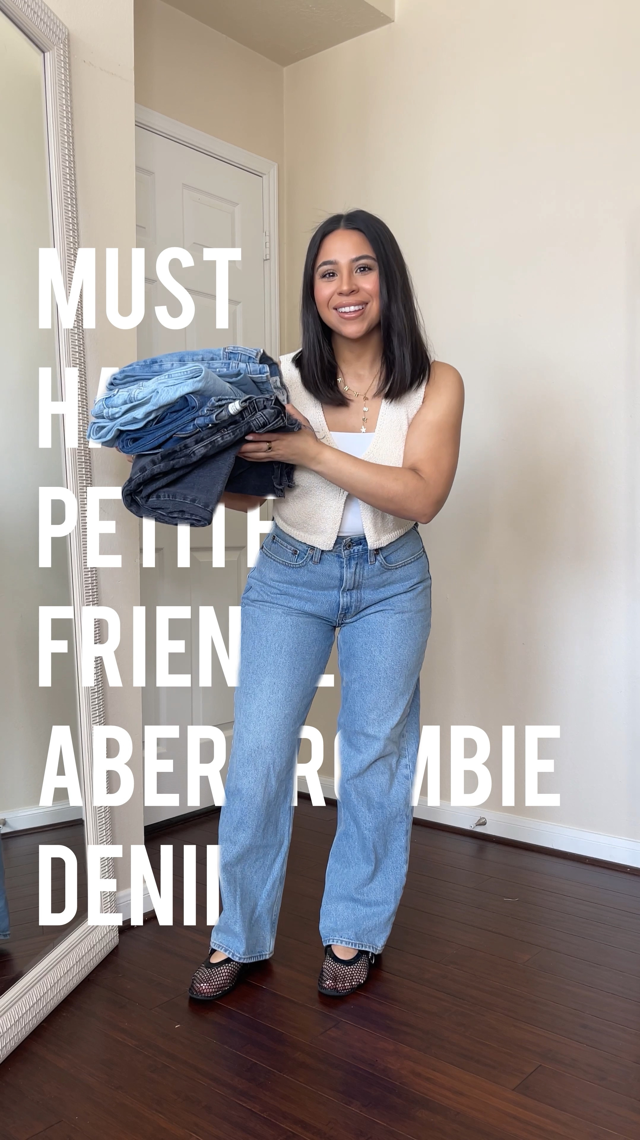 Must have petite friendly Abercrombie denim 
Abercrombie curve love jeans 
Pair 1: 26 short 
Pair 2: 26 short
Pair 3: 27 short
Pair 4: 26 short 
Pair 5: 27 short
Sweater vest: xs 
White tube top: small 
Black mesh ballet flats: 6.5 
Gold customized name necklace 

#LTKSpringSale #LTKFindsUnder100 #LTKPetite