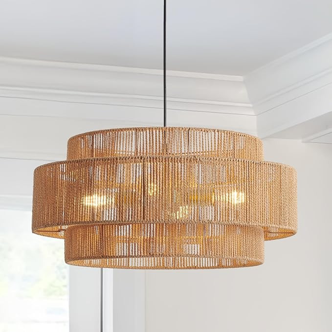 3-Tier Large Rattan Chandeliers, 23.6in Boho Coastal Pendant Lights, Hand Woven Hemp Rope Lightin... | Amazon (US)