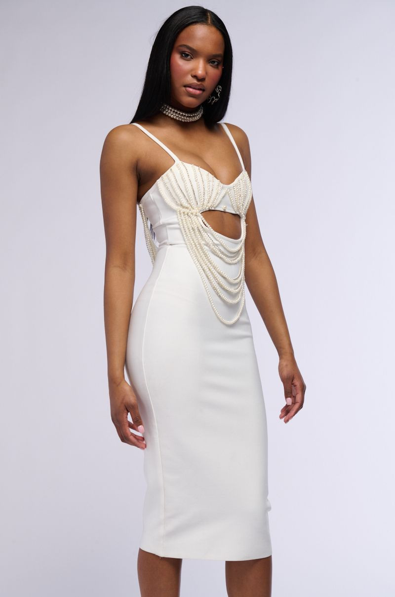 HARRIET DRAPED PEARL BODYCON MIDI DRESS IN WHITE | AKIRA