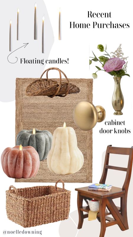 Recent home purchases 

Jute rug, cabinet knobs, vase, pumpkin candles, basket, floating candles, vase, wood chair, fall decor

#LTKhome #LTKFind