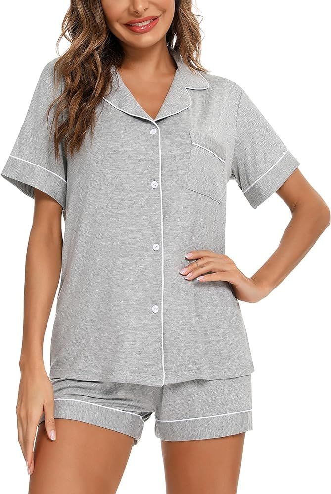 Aamikast Button Up Pajama Set for Women Shorts Short Sleeve Knit Sleepwear 2 Pice Pjs Sets | Amazon (US)