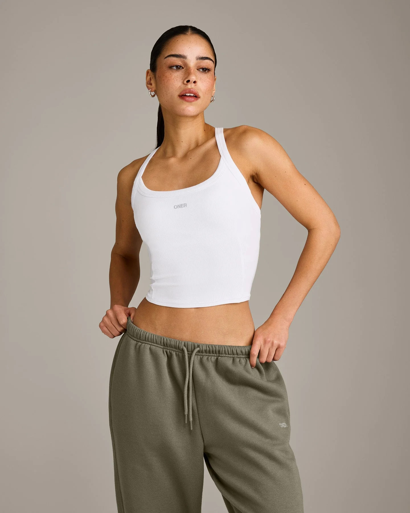 Mellow™ Rib Racer Back Mid Tank Top with Built in Bra Shelf 
 White | Oner Active (UK / US)