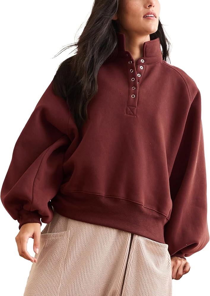 Womens Long Sleeve Pullover 2024 Fashion Fall V Neck Button Down Hooded Sweatshirts Tops | Amazon (US)