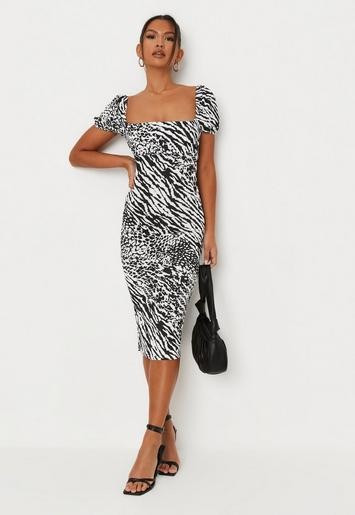 Black Zebra Print Ruched Bust Milkmaid Midi Dress | Missguided (US & CA)