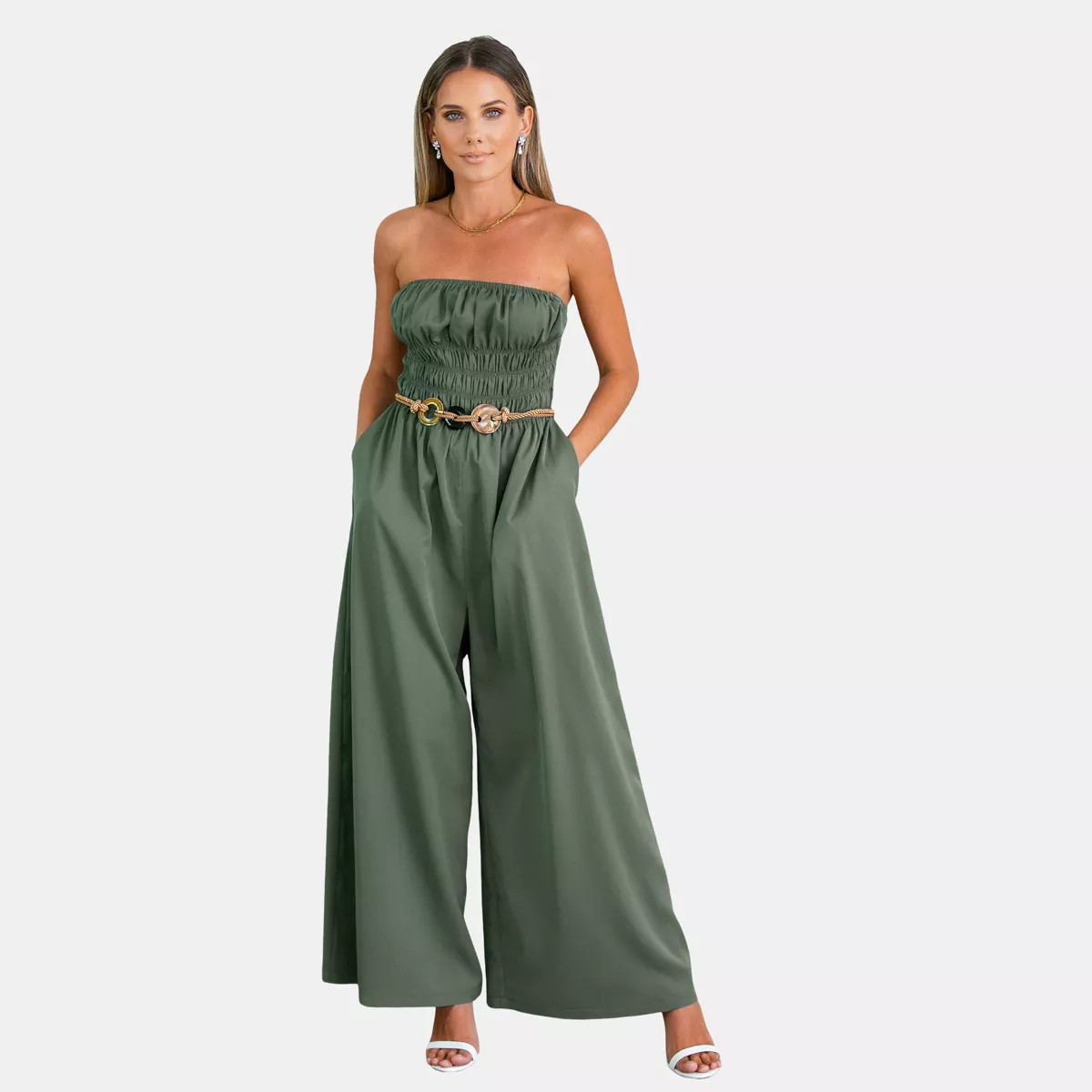 Women's Olive Green Smocked Waist Wide Leg Jumpsuit - Cupshe | Target