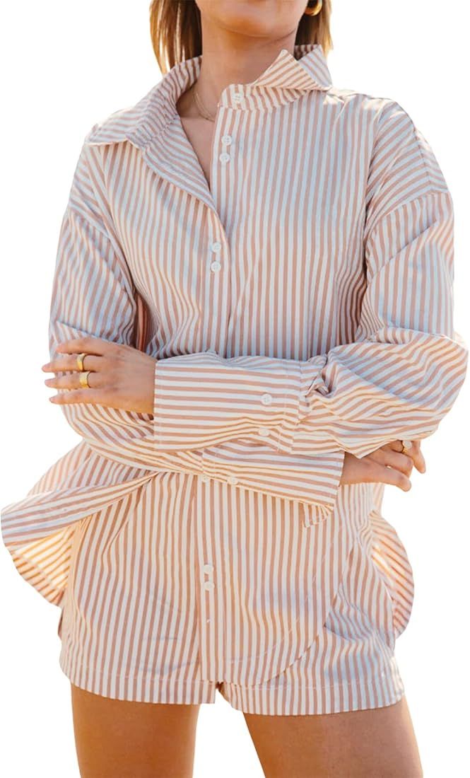 Women 2 Piece Outfits Solid Color Casual Suit Sets Button Down Long Sleeve Shirt Short Sets Summer M | Amazon (US)