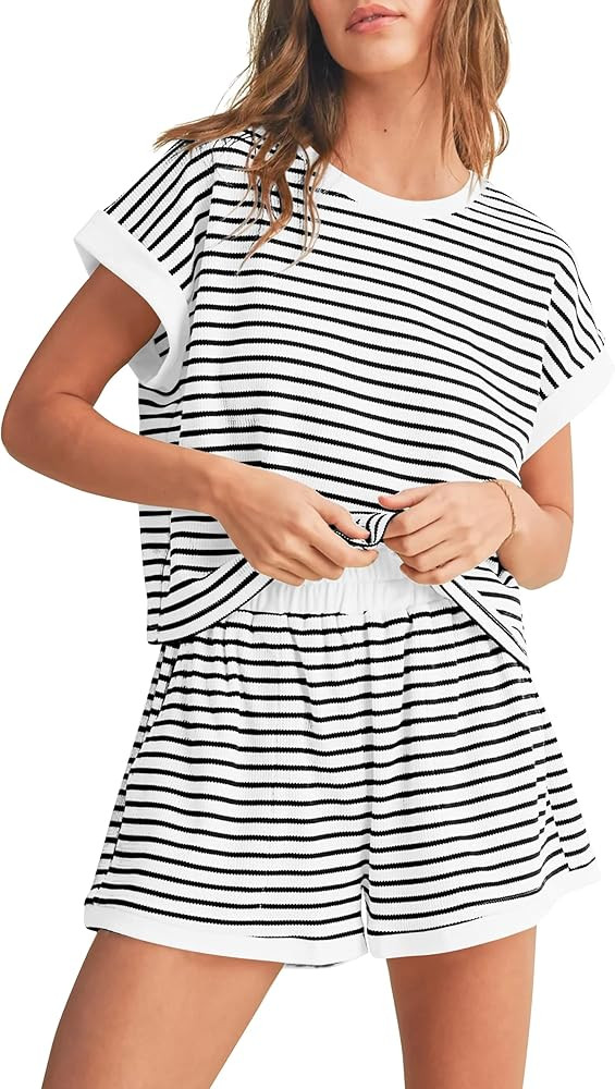 Women 2 Piece Ribbed Knit Pajama Set Striped Short Sleeve Tee Shirts and Shorts Lounge Sets Summe... | Amazon (US)