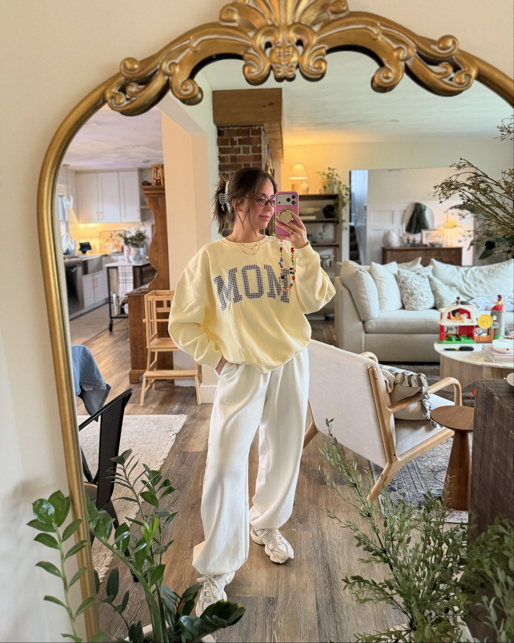 Today’s ootd 💛 I let Ollie choose which sweatshirt to get and he chose this one with the blue gingham! It’s SO cute & soft. In a size L for a more oversized vibe! In a size M in these joggers and I love them! 

Target, Mother’s Day collection, mom sweatshirt, adidas sweatpants, new balance 9060 

#LTKdayinmylife #LTKmomlife #LTKSaleAlert