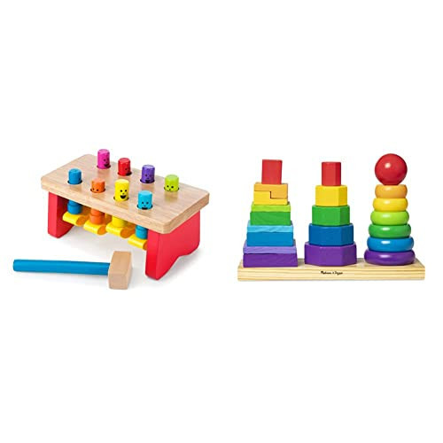 Melissa & Doug Geometric Stacker - Wooden Educational Toy & Deluxe Pounding Bench Wooden Toy with Mallet | Amazon (US)
