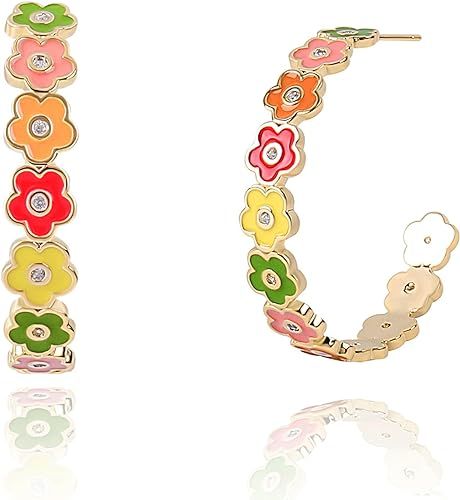 Colorful Flower Hoop Earrings for Women 14K Gold Plated Flower Open Round Hoop Earrings Enamel Fl... | Amazon (US)