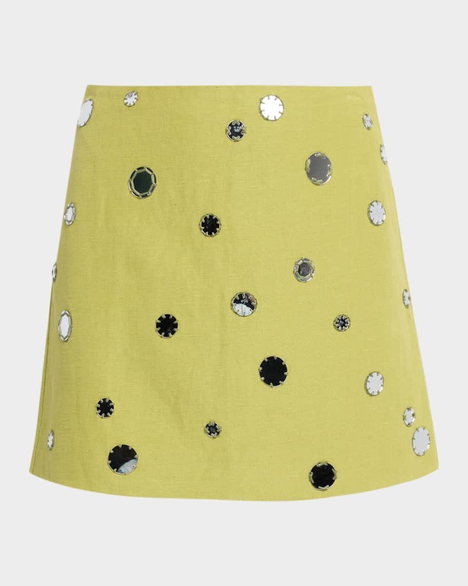 Tanya Taylor Ari Mirror-Embellished Linen-Blend Mini Skirt | Neiman Marcus