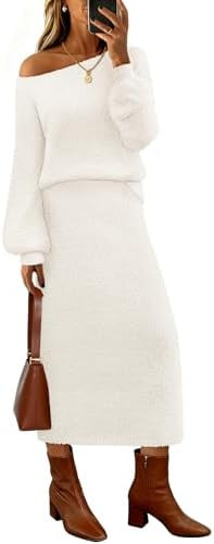 MEROKEETY Women's 2025 Fall Fuzzy 2 Piece Outfit Winter Long Sleeve Off Shoulder Pullover Top Mid... | Amazon (US)