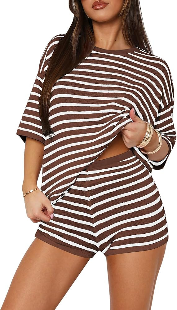 Yousify 2 Piece Sweater Set for Womens Summer Short Sleeve Tops Striped Matching Shorts Lounge Se... | Amazon (US)