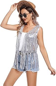 Women Tassel Vest 70s Hippie Sparkly Fringe Sequin Jacket Cardigan Rivet Sleeveless Open Front Co... | Amazon (US)
