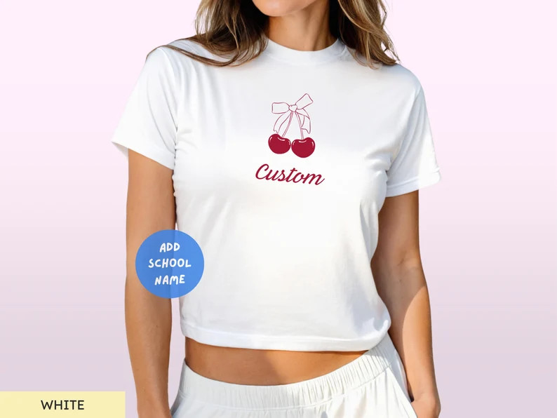 Custom College Baby Tee, Tailgate Crop Top, Bow Cherry Shirt, Y2k Apparel, Personalized School Sh... | Etsy (US)