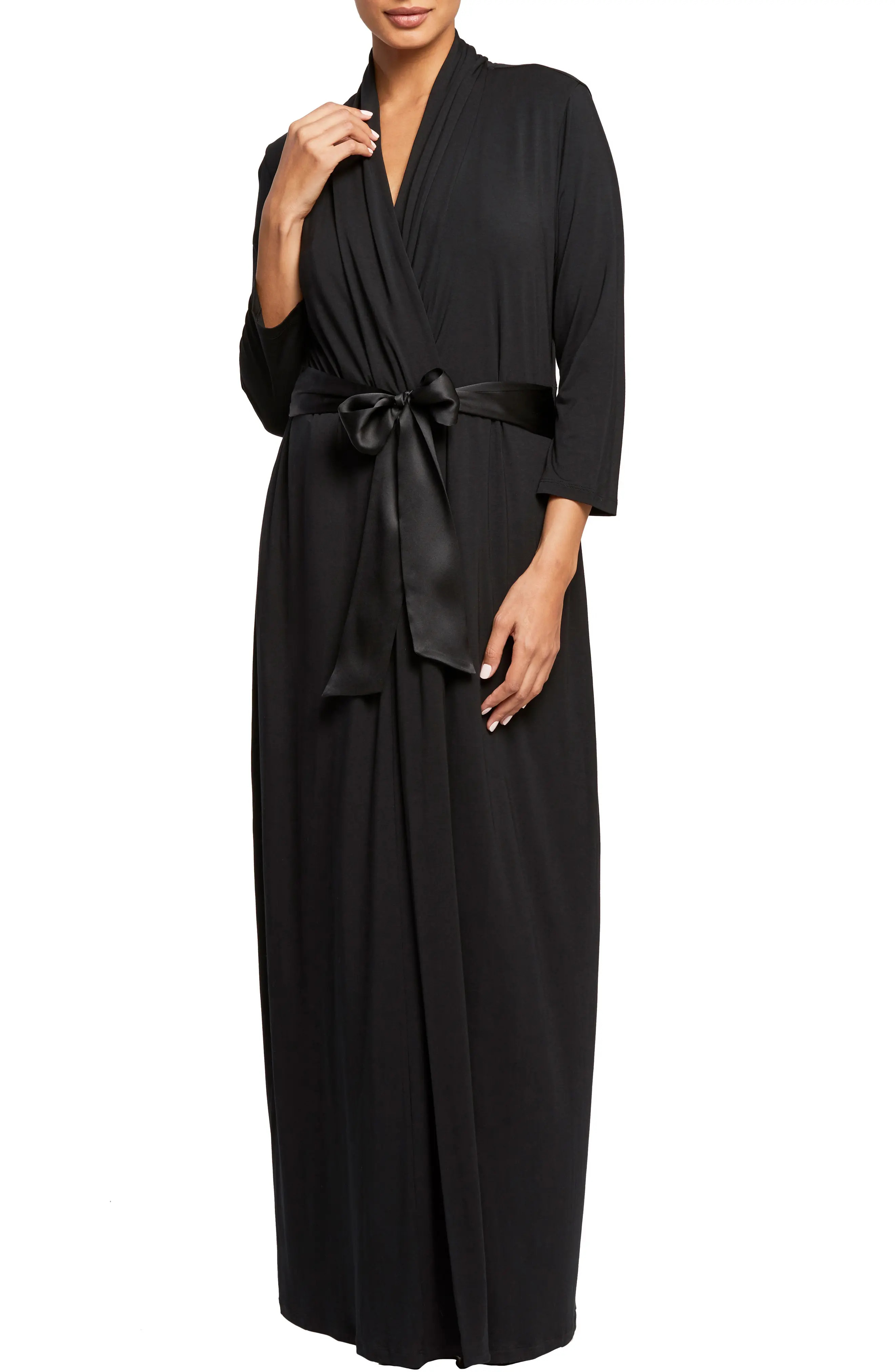 Fleur'T Satin Tie Stretch Knit Robe in Black at Nordstrom, Size X-Small | Nordstrom