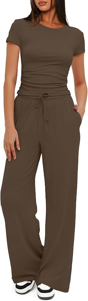 Amazon.com: Darong Women's 2 Piece Set Outfits Lounge Sets Ruched Short Sleeve Tops High Waisted ... | Amazon (US)