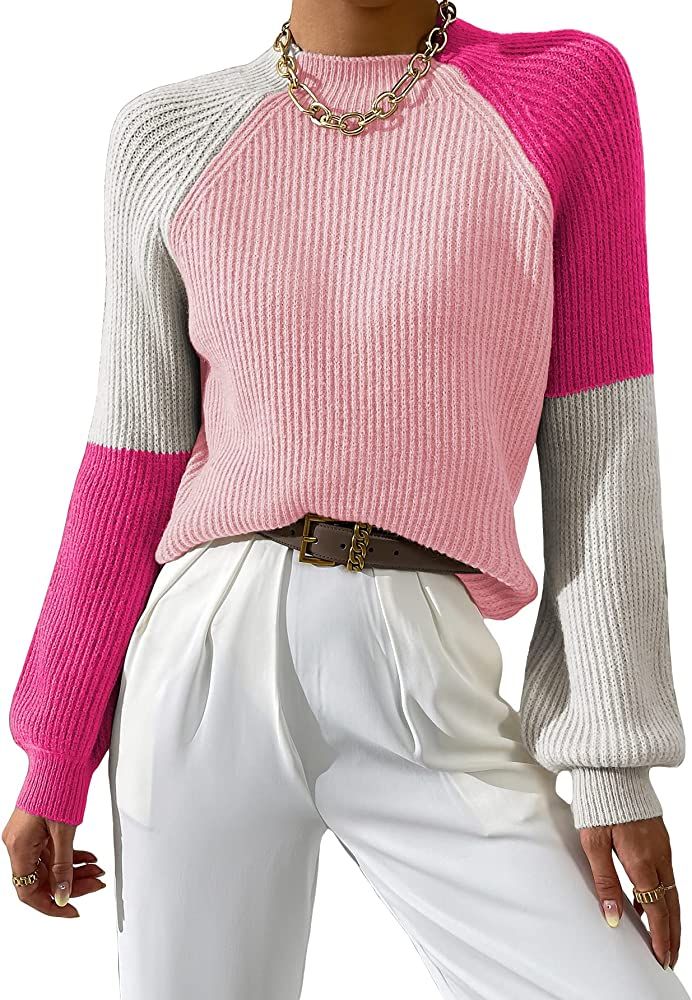 Verdusa Women's Color Block Mock Neck Bishop Sleeve Knit Sweater Pullover Top | Amazon (US)