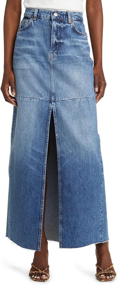 Wenrine Women's High Waisted Denim Maxi Skirts Frayed Hem Split Jean Skirts with Pockets | Amazon (US)