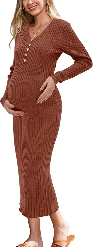 OUGES Women's Wool Blend 2024 Fall Maternity Sweater Dress V Neck Long Sleeve Slim Fit Ribbed Kni... | Amazon (US)