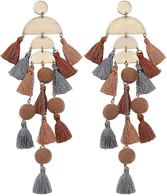 Long Tassel Earrings Statement Fringe Drop Bohemian Earrings Big Dangle for Women Fashion | Amazon (US)