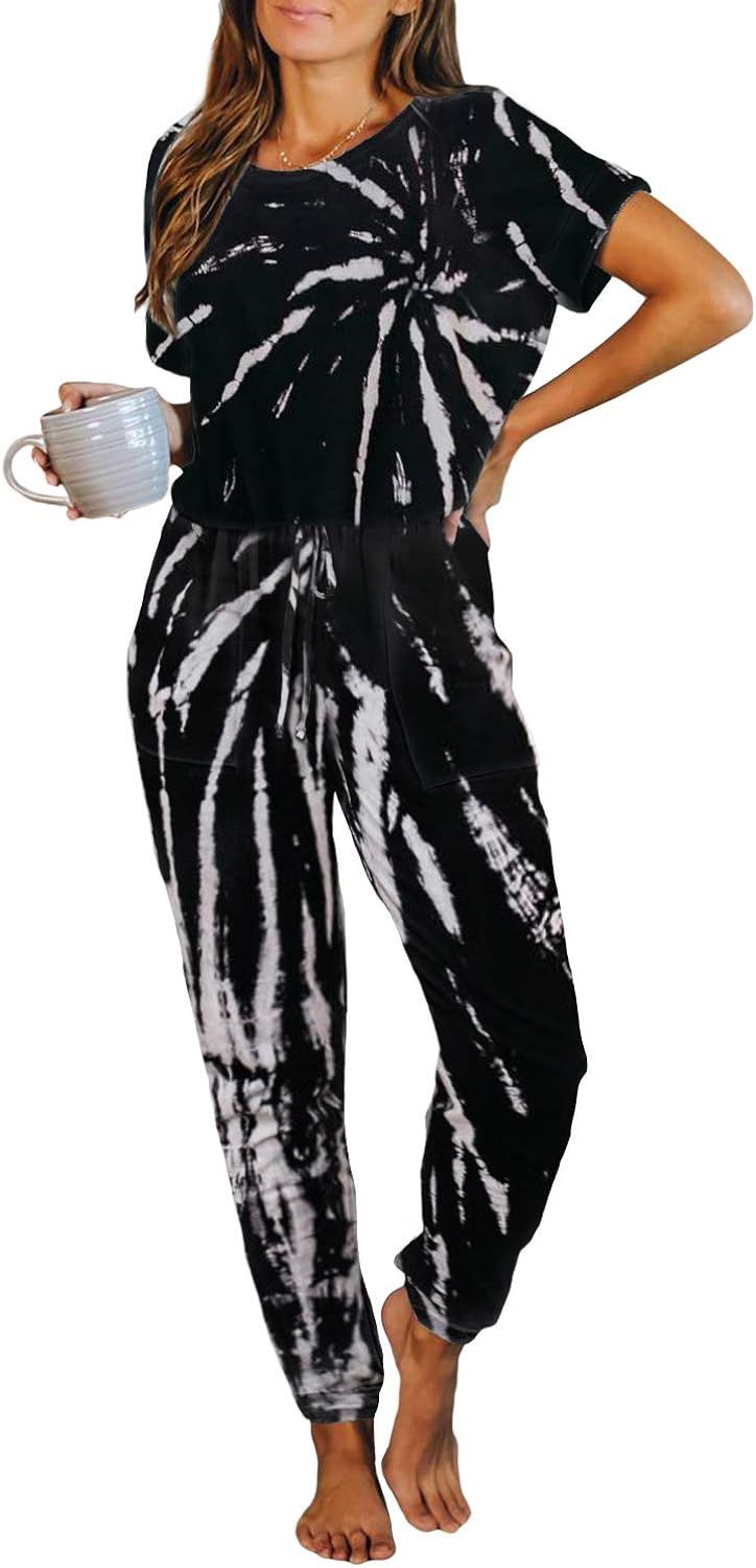 ZESICA Women's Tie Dye Printed Short Sleeve One Piece Jumpsuit Long Pants Loungewear... | Amazon (US)