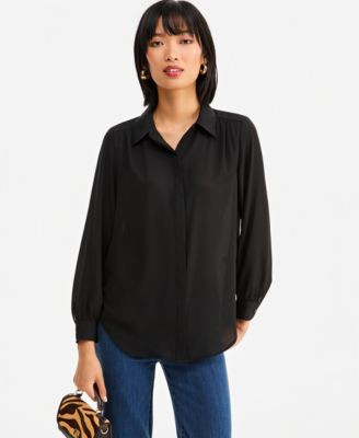 I.n.c. International Concepts Women's Long-Sleeve Collared Button-Down Tunic Blouse, Macy's Exclusive - Deep Black | Macy's