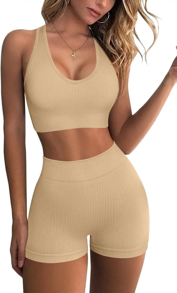 QINSEN Workout Sets for Women Ribbed V Neck Sport Bra High Waist Running Booty Shorts Gym 2 Piece... | Amazon (US)